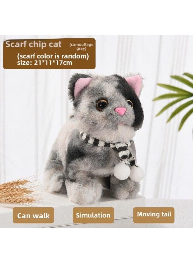 Electric Plush Kitten Toy Walking Talking Moving Machine Realistic Cat Pet Children's Gift Toy Fluffy Kitty Plaything-Specifications: Scarf Chip Cat (camouflage Gray) - Image 1