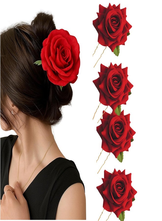 ASHMEN Rose Hair Clips for Women - Hair Accessories for Woman RedRose Hair Clip, Artificial Flowers Bun U Pins, Rose for Hair Bun, Braid Accessories, Bridal Party Style (Pack of 4) - Image 1