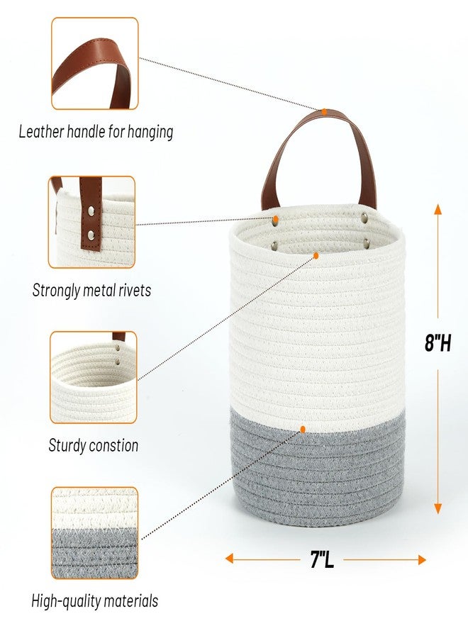 DULLEMELO Small Woven Rope Hanging Baskets - 2 Pack for Boho Wall Decor, 7 X 8 Inches Storage Basket with Handle, White&Grey - Image 2
