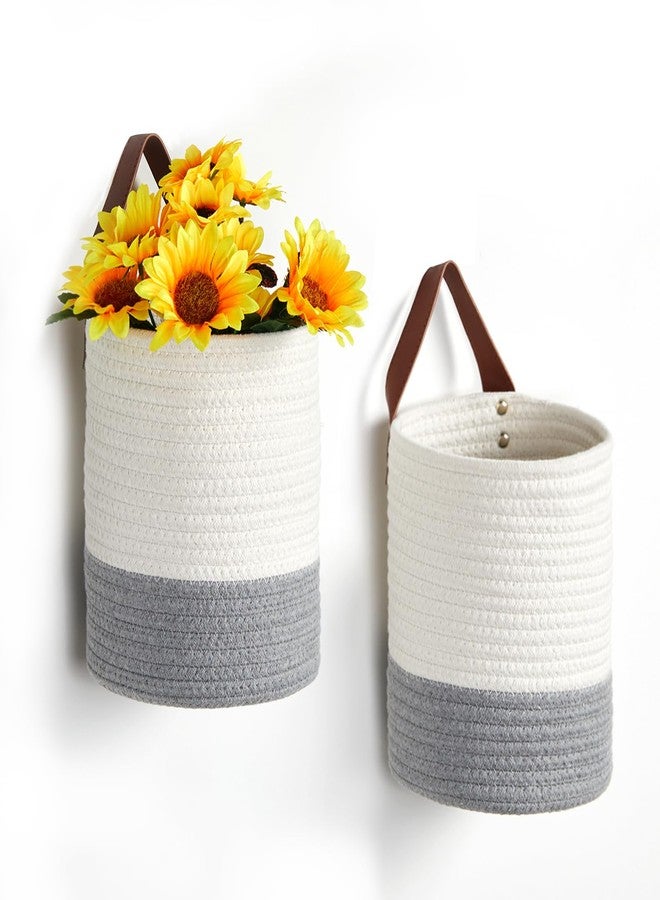 DULLEMELO Small Woven Rope Hanging Baskets - 2 Pack for Boho Wall Decor, 7 X 8 Inches Storage Basket with Handle, White&Grey - Image 1