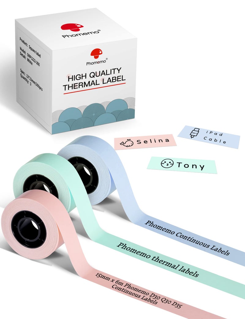 Phomemo Continuous Labels,3 Roll D30 Label Maker Tape,Durable Printed Non-Precut Label for Daycare,Name,Travel,Lunch Boxes,Cup,School Supplies,for Phomemo D30 Q30 D35,0.59'' x 19.68ft - Image 1