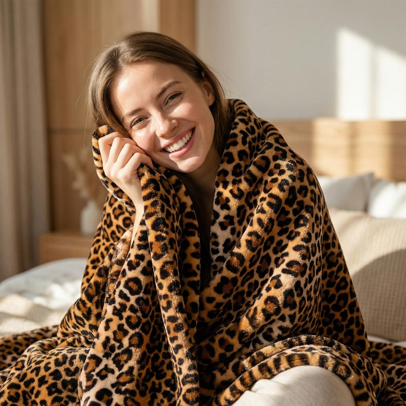 Vessia Leopard Printed Throw Blanket for Couch,Bed,Sofa, Soft Cozy 290GSM Classic Leopard Pattern Blanket for All Season, Lightweight Comfy Yellow Cheetah Animal Print Flannel Fleece Decor - Image 3