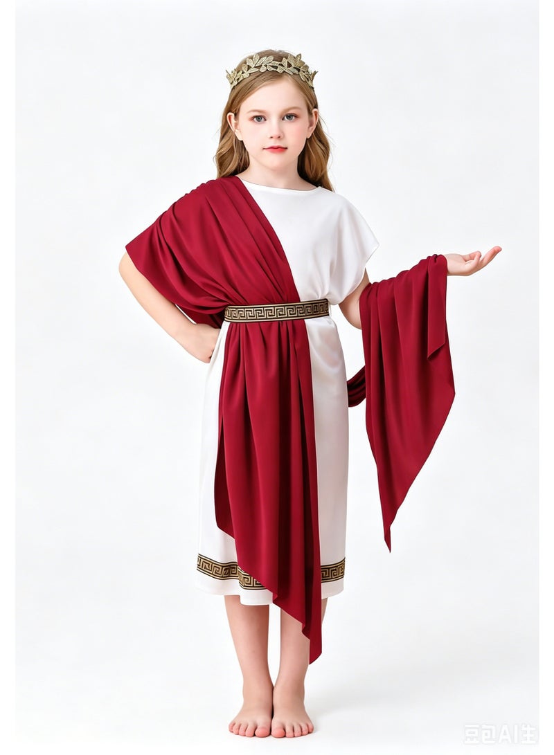 liannaner Kids Greek Goddess Roman Toga Costume, Ancient Greece Rome Dress Up Outfit with Red Sash, for Girls Halloween Cosplay, Book Week, Carnival, Role Play Party, White & Burgundy - Image 1