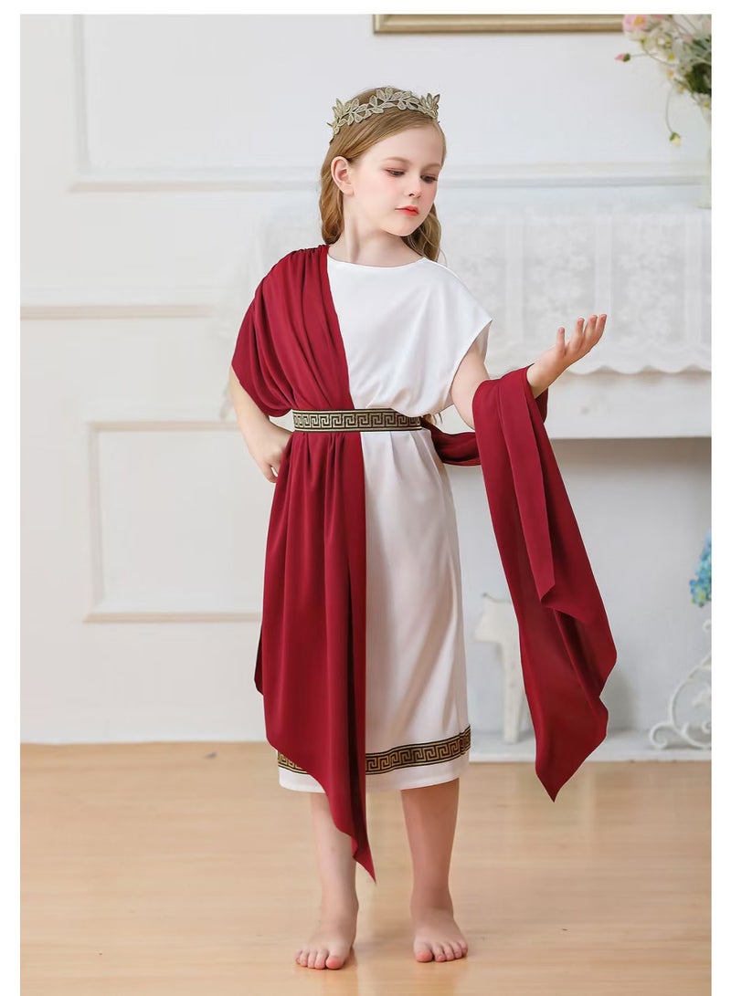 liannaner Kids Greek Goddess Roman Toga Costume, Ancient Greece Rome Dress Up Outfit with Red Sash, for Girls Halloween Cosplay, Book Week, Carnival, Role Play Party, White & Burgundy - Image 2