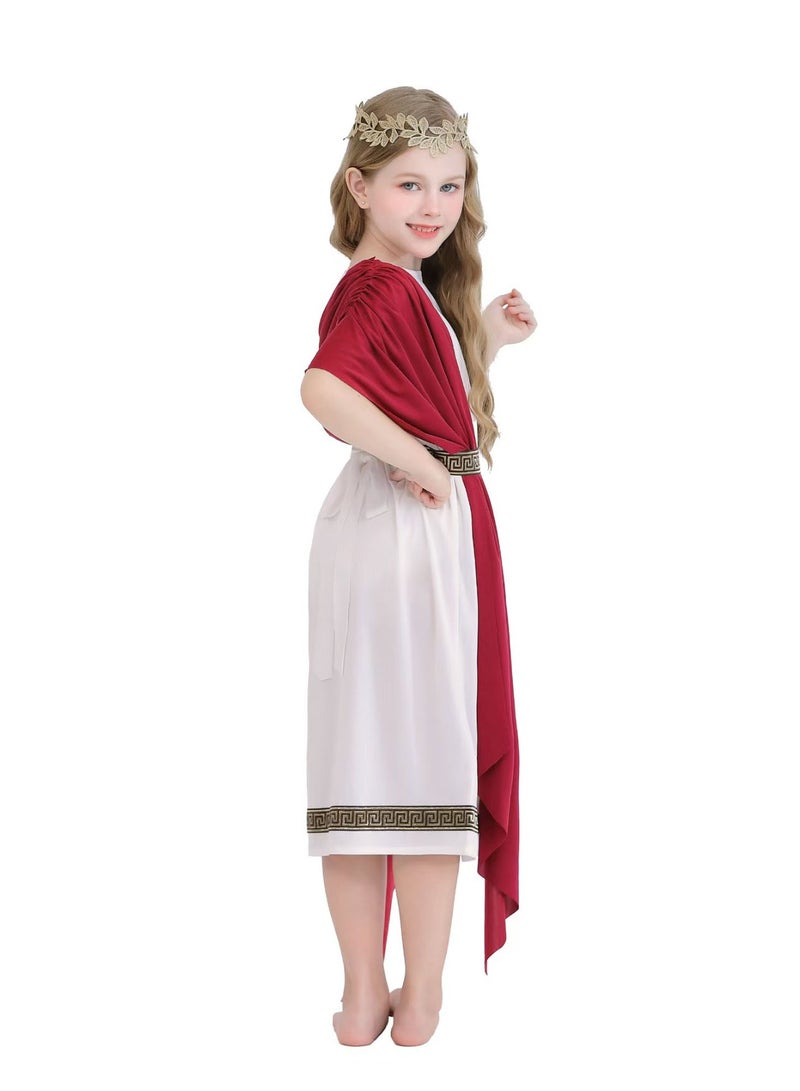 liannaner Kids Greek Goddess Roman Toga Costume, Ancient Greece Rome Dress Up Outfit with Red Sash, for Girls Halloween Cosplay, Book Week, Carnival, Role Play Party, White & Burgundy - Image 3