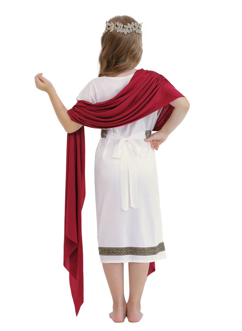 liannaner Kids Greek Goddess Roman Toga Costume, Ancient Greece Rome Dress Up Outfit with Red Sash, for Girls Halloween Cosplay, Book Week, Carnival, Role Play Party, White & Burgundy - Image 4