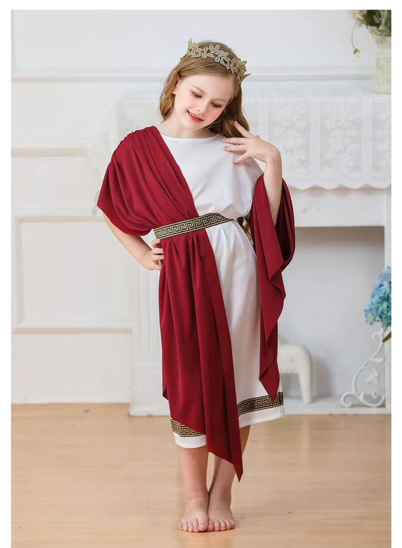liannaner Kids Greek Goddess Roman Toga Costume, Ancient Greece Rome Dress Up Outfit with Red Sash, for Girls Halloween Cosplay, Book Week, Carnival, Role Play Party, White & Burgundy - Image 5
