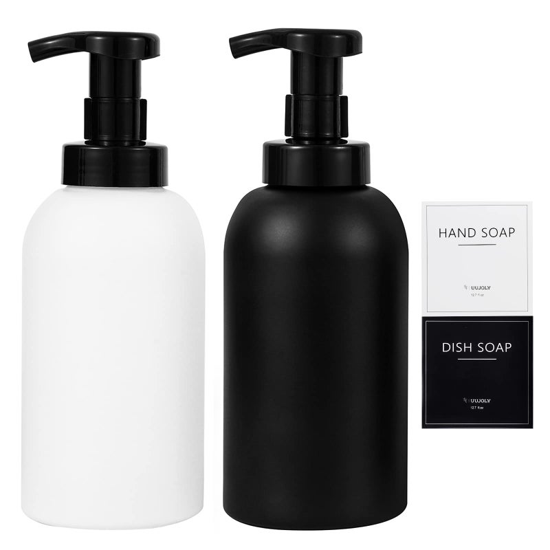 Foaming Hand Soap Dispenser Glass Jar Foam Dish Soap Dispenser for Bathroom and Kitchen Sink Liquid Pump Bottle for Shampoo Body Wash Hand Soap Black  White 2 Pack