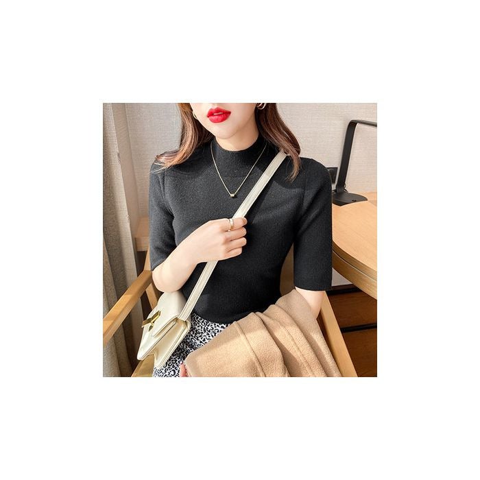 Half Turtleneck Mid-Sleeve Bottoming Shirt For Women, Slim-Fitting Short-Sleeved Spring & Fall New Style, Western-Style Shirt, Three-Quarter Sleeve Pure Color Sweater - Image 1