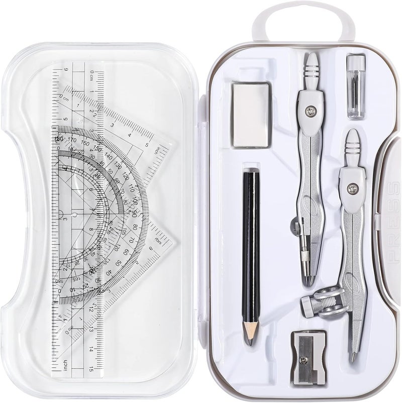 Vobou 10 Pieces Math Geometry Kit Set Student Supplies with Shatterproof Storage Box,Includes Rulers,Protractor,Compass,Eraser,Pencil Sharpener,Lead Refills,Pencil,for School and Drawings（Grey） - Image 1
