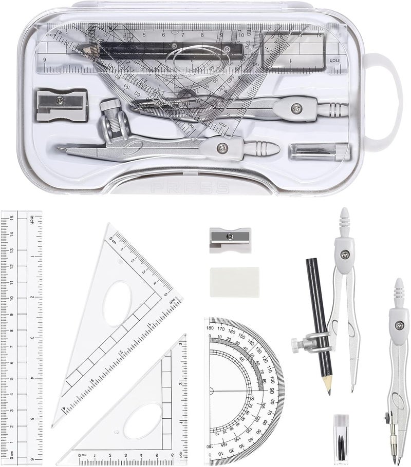 Vobou 10 Pieces Math Geometry Kit Set Student Supplies with Shatterproof Storage Box,Includes Rulers,Protractor,Compass,Eraser,Pencil Sharpener,Lead Refills,Pencil,for School and Drawings（Grey） - Image 2
