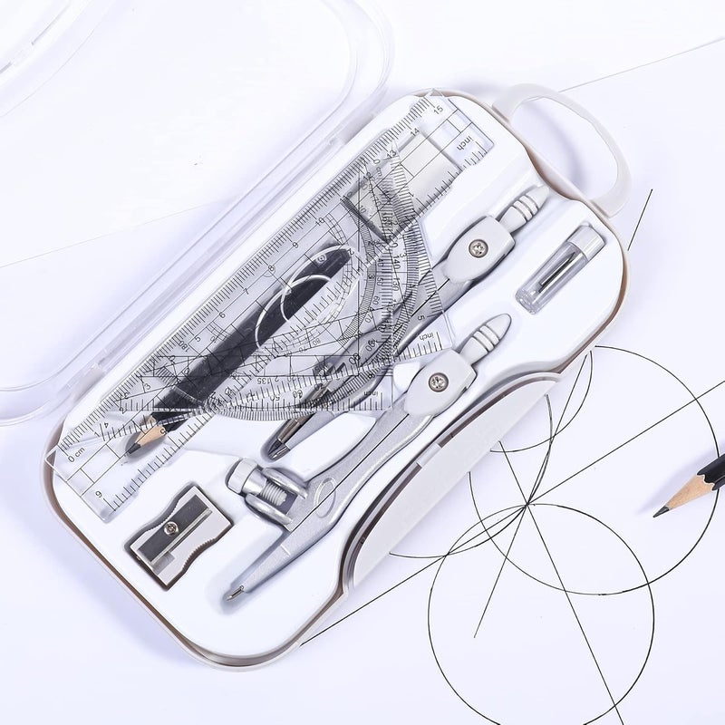 Vobou 10 Pieces Math Geometry Kit Set Student Supplies with Shatterproof Storage Box,Includes Rulers,Protractor,Compass,Eraser,Pencil Sharpener,Lead Refills,Pencil,for School and Drawings（Grey） - Image 3