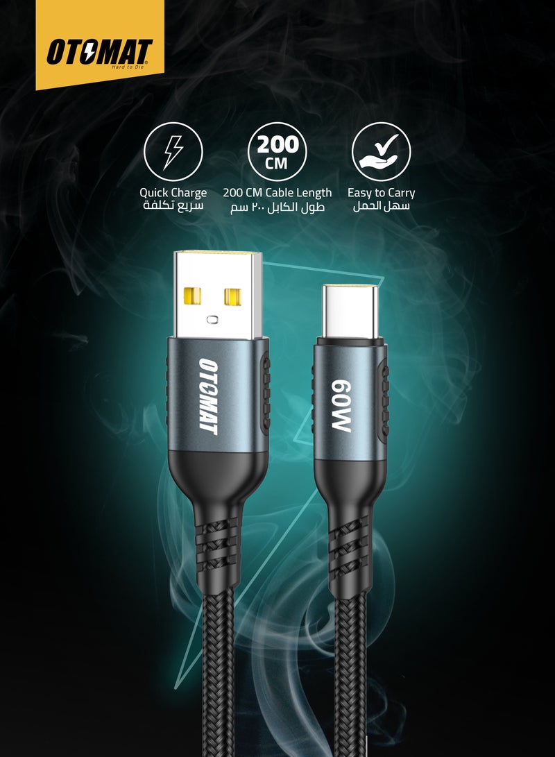 OTOMAT 60W Fast Charging USB to Type C Cable 2M – Original iPhone Charger, High-Speed Data Transfer, Nylon Braided, Aluminum Alloy, Quick Charge for iPhone, iPad, MacBook, Samsung, Huawei, Laptops & More – Suitable for All Type C Mobiles, Laptops, Tabs, Power Bank, Car Charger – Black ⚡ - Image 5