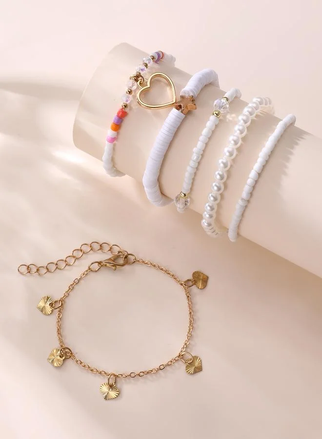 Pack of 6 - Girls Multi-Color Beaded and Heart Charm Bracelets