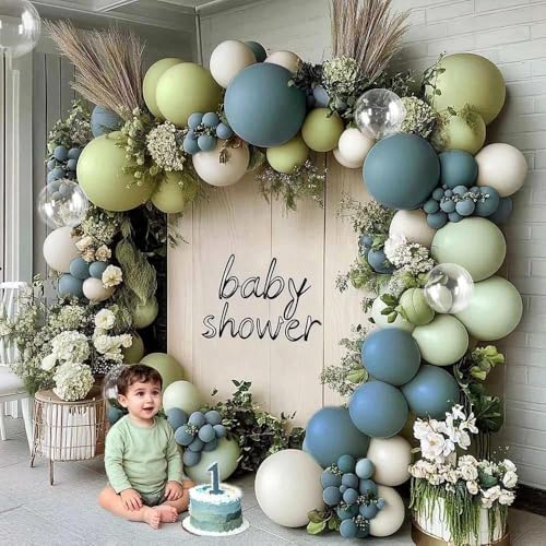 Partycus Blue Green Balloon Arch Kit Double Stuffed Dusty Mint Green Slate Blue White Pastel Olive Balloon Garland with Clear Bobo for Baby Shower Bridal Wedding Birthday Goose Easter Valentines Party Decor - Image 5