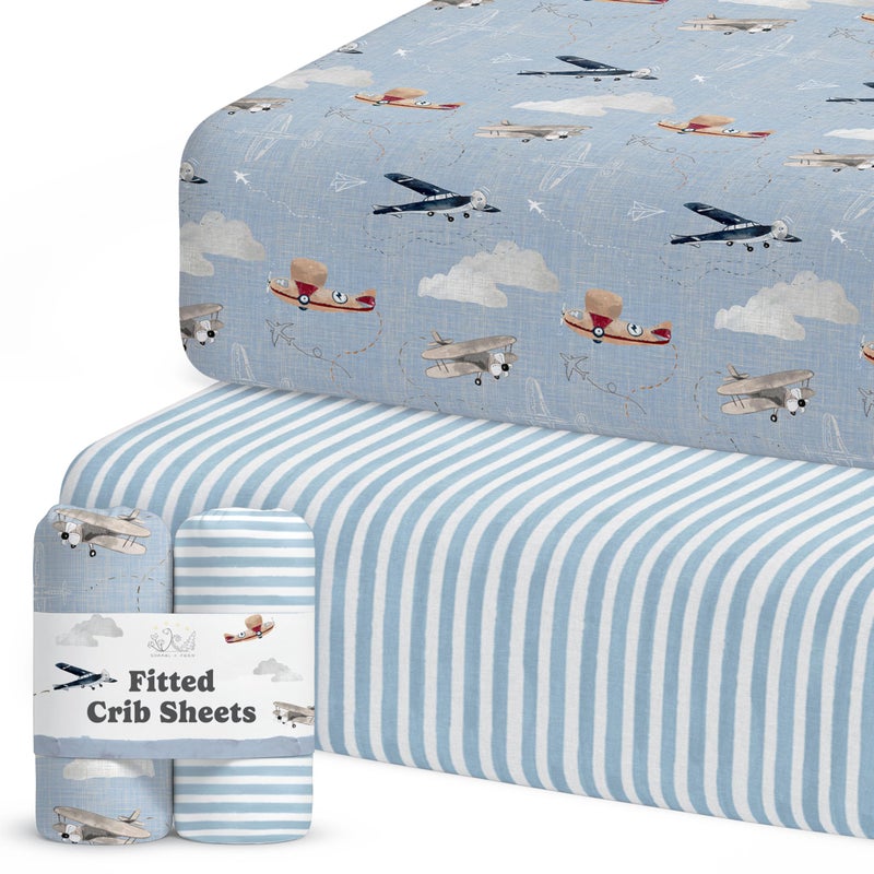 Sorrel + Fern Crib Sheets Neutral - Fitted Baby Crib Sheets Bed for Girl Boy - 2 Pack Standard & Toddler Mattress - Buttery Soft Organic Cotton Blend (Airplanes in The Clouds) - Image 1