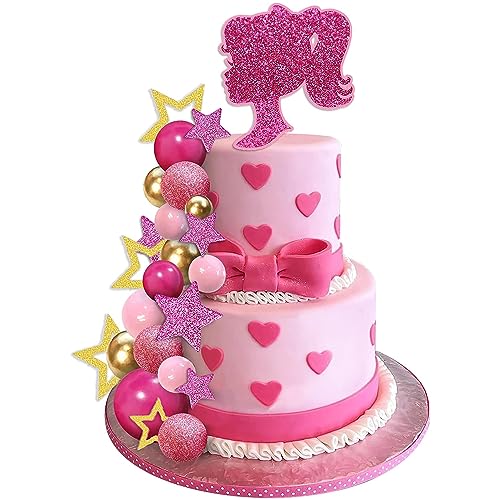 SKYCOOOOL 36 PCS Hot Pink Girl Cake Topper Balls Cake Decorations with Pink and Gold Balls Shiny Stars for Wedding Anniversary Girl Birthday Stars - Image 1