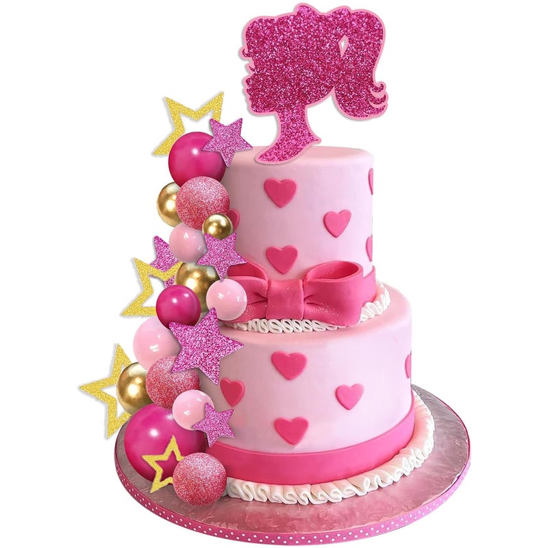 SKYCOOOOL 36 PCS Hot Pink Girl Cake Topper Balls Cake Decorations with Pink and Gold Balls Shiny Stars for Wedding Anniversary Girl Birthday Stars - Image 2