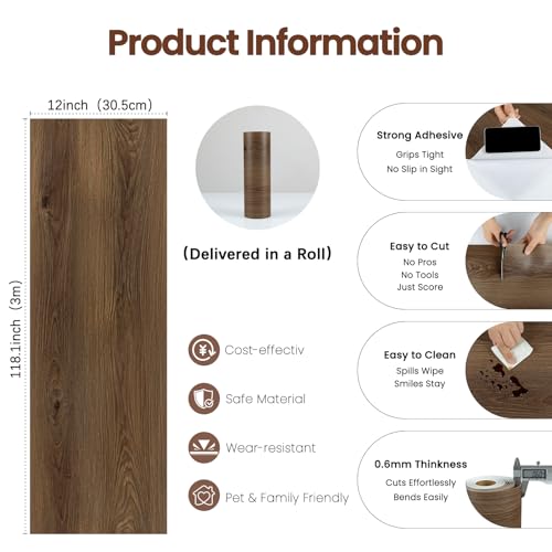 Dureidos Peel and Stick Floor Tile-Wood Vinyl Flooring Roll Waterproof for Kitchen and Bathroom-11.8" x 118" Self Adhesive Laminate Flooring Stickers Cover 9.69 sq.ft - Image 2