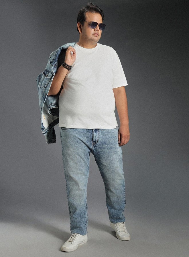 HIGH STAR Men's Indigo 100% Cotton Bleached Full Length Tapered Fit Jeans - Image 1