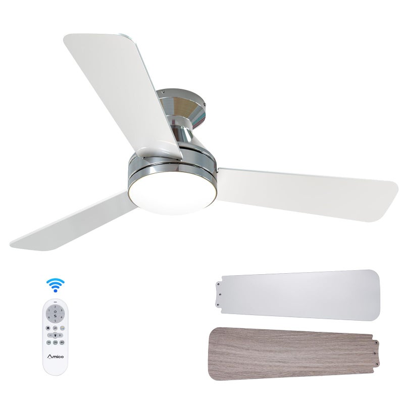 Amico Ceiling Fans with Lights 42 inch Low Profile Ceiling Fan with Light and Remote Control Flush Mount Reversible 3CCT Dimmable Noiseless Nickel Ceiling Fan for Bedroom IndoorOutdoor Use