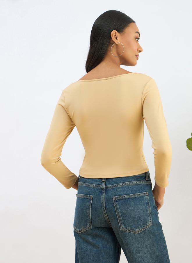 ساسافراس بلوزة قصيرة محبوكة بياقة مربعة بلون بيج من ساسافراس - Image 5