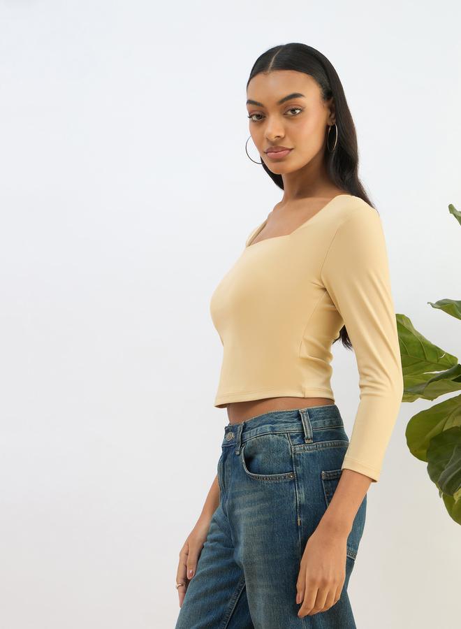 ساسافراس بلوزة قصيرة محبوكة بياقة مربعة بلون بيج من ساسافراس - Image 3