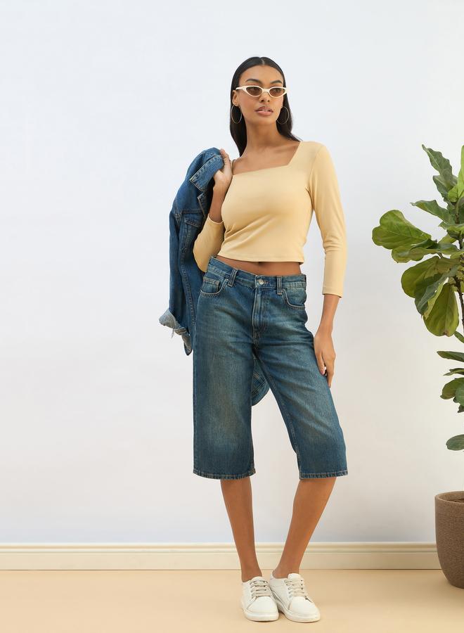 ساسافراس بلوزة قصيرة محبوكة بياقة مربعة بلون بيج من ساسافراس - Image 2