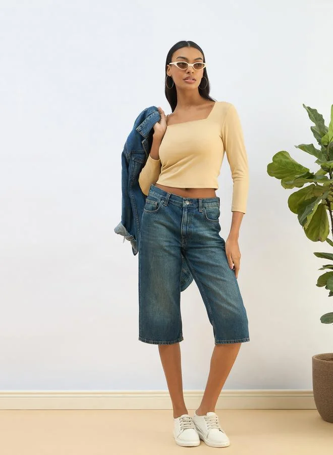 SASSAFRAS Beige Square Neck Knitted Crop Top