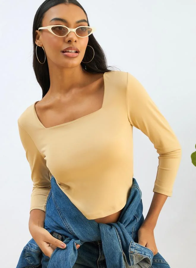 SASSAFRAS Beige Square Neck Knitted Crop Top