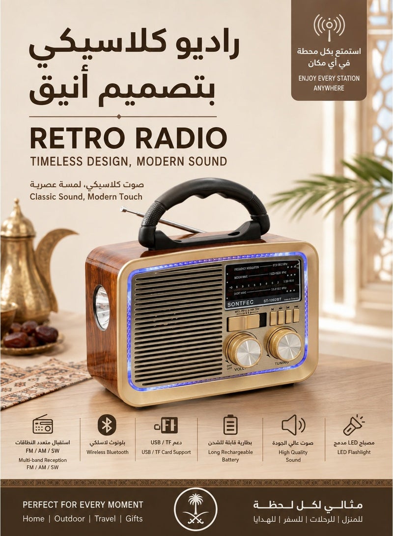 Senbowe Emergency Portable AM FM SW Radio with LED Flashlight, Rechargeable Battery, Bluetooth 5.0 Wireless Speaker, USB & TF MP3 Player, Multi-Band Vintage Radio for Home, Camping, Outdoor, Travel and Power Outage Use - Image 1