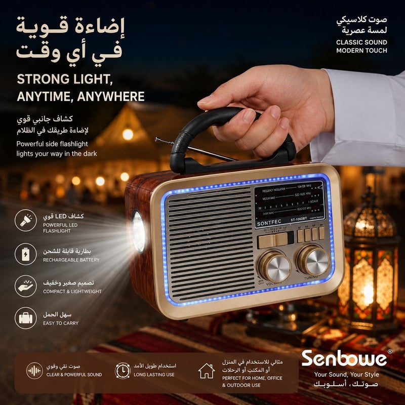 Senbowe Emergency Portable AM FM SW Radio with LED Flashlight, Rechargeable Battery, Bluetooth 5.0 Wireless Speaker, USB & TF MP3 Player, Multi-Band Vintage Radio for Home, Camping, Outdoor, Travel and Power Outage Use - Image 4