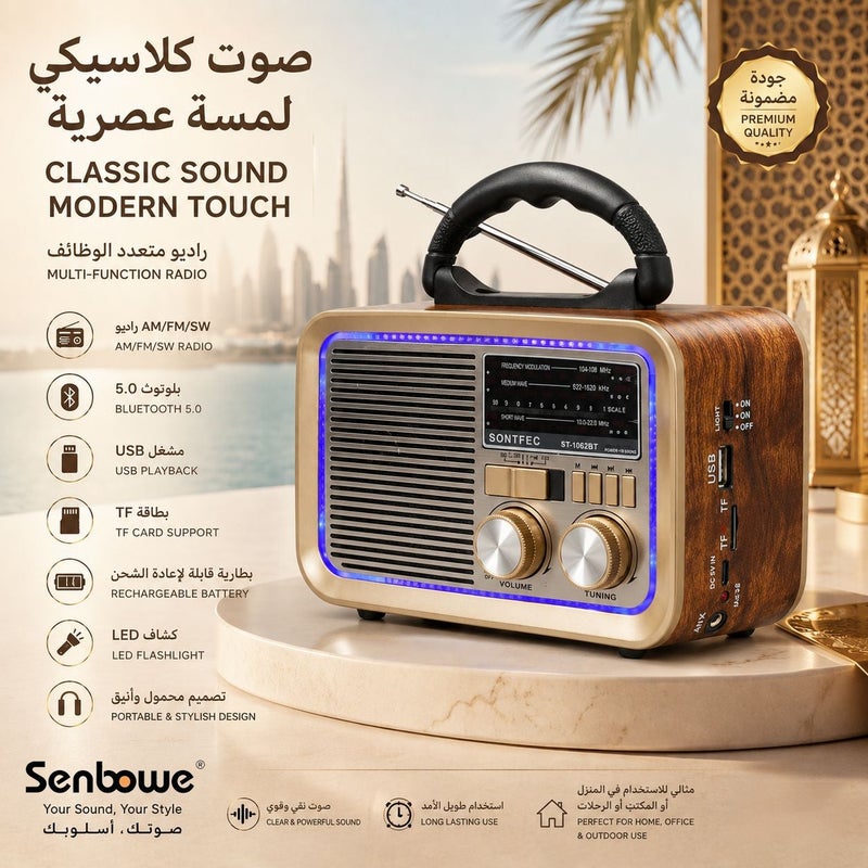 Senbowe Emergency Portable AM FM SW Radio with LED Flashlight, Rechargeable Battery, Bluetooth 5.0 Wireless Speaker, USB & TF MP3 Player, Multi-Band Vintage Radio for Home, Camping, Outdoor, Travel and Power Outage Use - Image 5