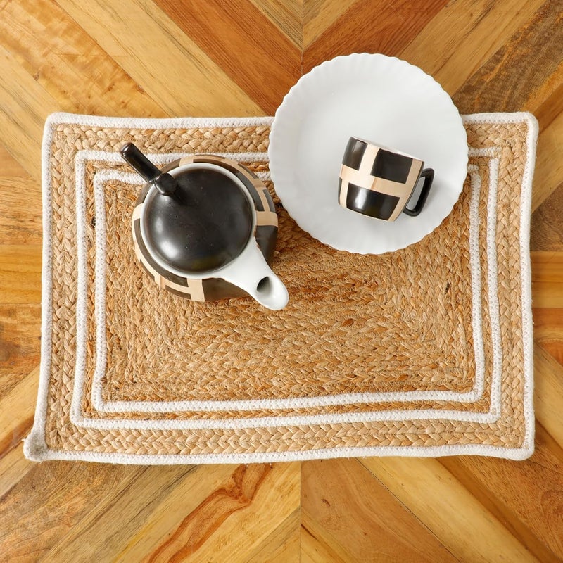 pepme pepme Jute Rectangle Placemat White Lines Border 13x19 Beige White Pack of 2 