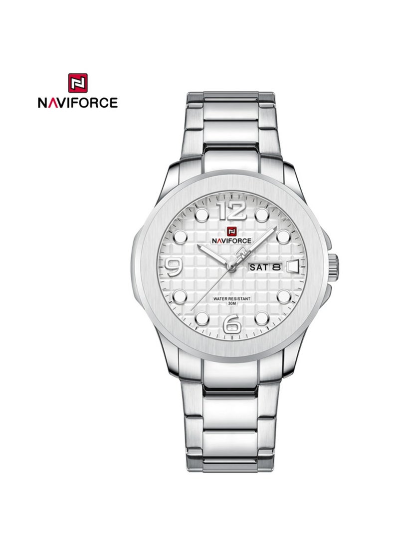 NAVIFORCE Premium Stainless Steel Luxury Mens Watch with Elegant White Dial Stylish Numeric and Crystal Markers Durable Band and Convenient Day and Date Display - Image 1