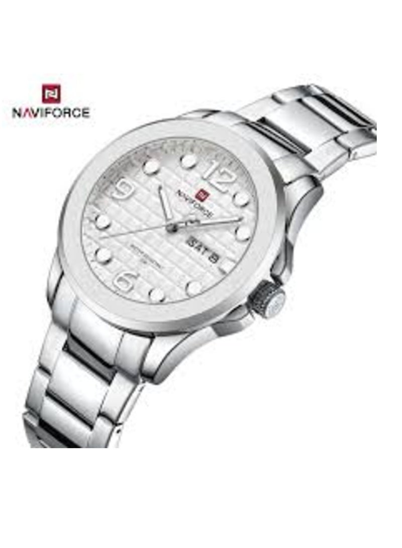 NAVIFORCE Premium Stainless Steel Luxury Mens Watch with Elegant White Dial Stylish Numeric and Crystal Markers Durable Band and Convenient Day and Date Display - Image 3