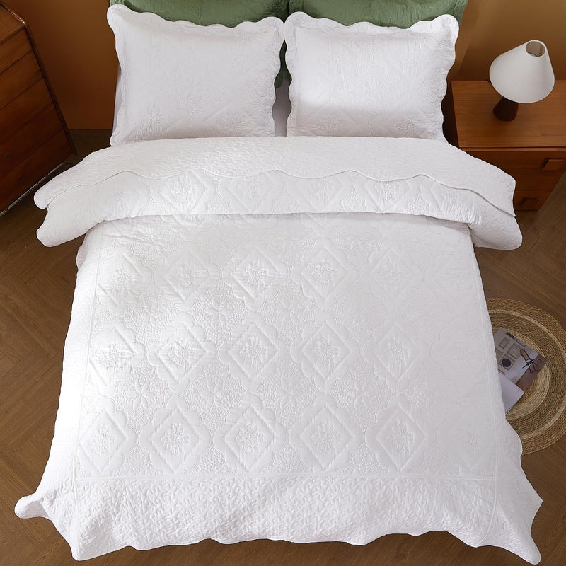 Cmfshape Floral Embroidery Quilt Set,3 Pieces King Quilt Bedding Set,Classic Diamond Pattern Quilts,Ultra Soft Lightweight Reversible Bedspread Coverlets for All Season(White,102"x90") - Image 3