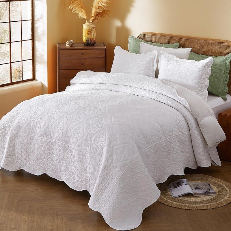 Cmfshape Floral Embroidery Quilt Set,3 Pieces King Quilt Bedding Set,Classic Diamond Pattern Quilts,Ultra Soft Lightweight Reversible Bedspread Coverlets for All Season(White,102"x90") - Image 4