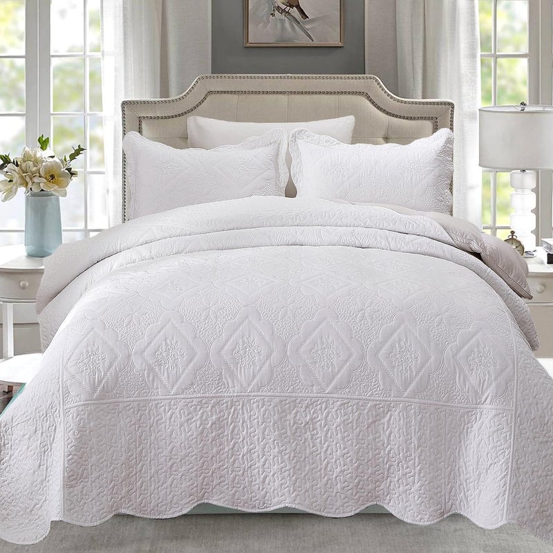 Cmfshape Floral Embroidery Quilt Set,3 Pieces King Quilt Bedding Set,Classic Diamond Pattern Quilts,Ultra Soft Lightweight Reversible Bedspread Coverlets for All Season(White,102"x90") - Image 1