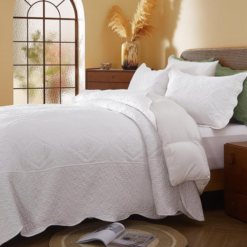 Cmfshape Floral Embroidery Quilt Set,3 Pieces King Quilt Bedding Set,Classic Diamond Pattern Quilts,Ultra Soft Lightweight Reversible Bedspread Coverlets for All Season(White,102"x90") - Image 5