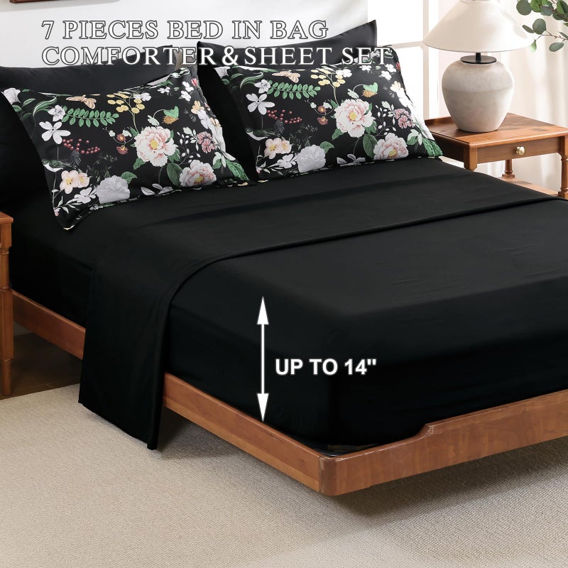 Anibedding 7Pieces Floral Queen Size Comforter Set, Garden Plant Flower Style Bed in a Bag Black White Bedding Comforter Set with Pillow Case for Bedroom - Image 5
