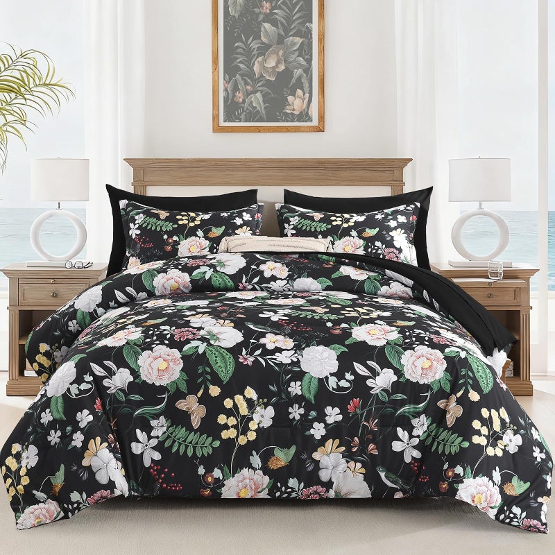Anibedding 7Pieces Floral Queen Size Comforter Set, Garden Plant Flower Style Bed in a Bag Black White Bedding Comforter Set with Pillow Case for Bedroom - Image 1