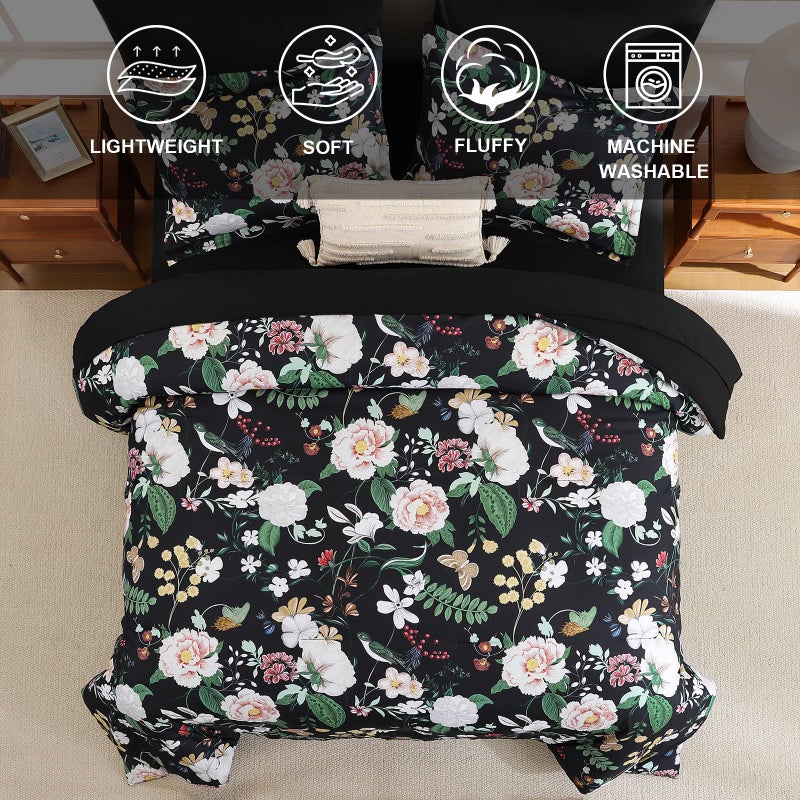Anibedding 7Pieces Floral Queen Size Comforter Set, Garden Plant Flower Style Bed in a Bag Black White Bedding Comforter Set with Pillow Case for Bedroom - Image 2