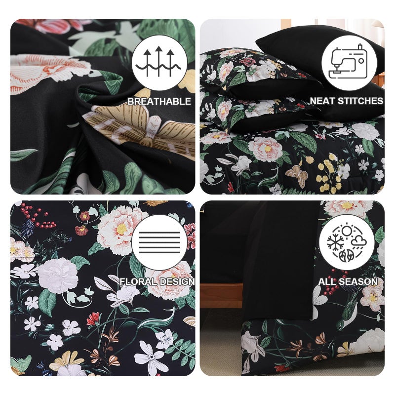Anibedding 7Pieces Floral Queen Size Comforter Set, Garden Plant Flower Style Bed in a Bag Black White Bedding Comforter Set with Pillow Case for Bedroom - Image 4