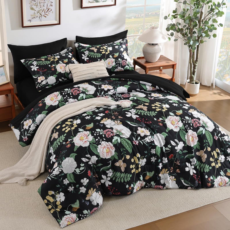 Anibedding 7Pieces Floral Queen Size Comforter Set, Garden Plant Flower Style Bed in a Bag Black White Bedding Comforter Set with Pillow Case for Bedroom - Image 3