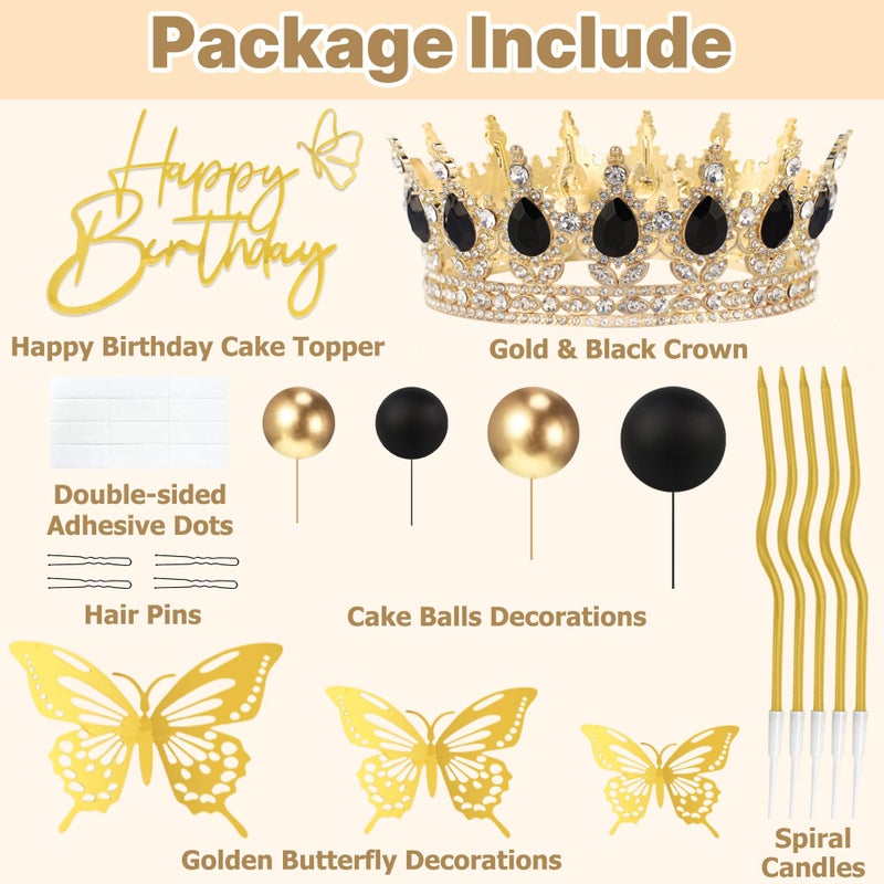 ZOYVUX Birthday Crown Cake Topper, Cake Decorations with Happy Birthday Cake Topper, Balls, Gold Butterflies, Corona Para Pastel for Women, Princess, Wedding Party Decor (Gold & Black) - Image 3