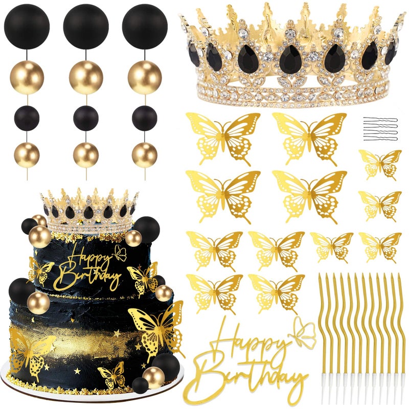 ZOYVUX Birthday Crown Cake Topper, Cake Decorations with Happy Birthday Cake Topper, Balls, Gold Butterflies, Corona Para Pastel for Women, Princess, Wedding Party Decor (Gold & Black) - Image 1