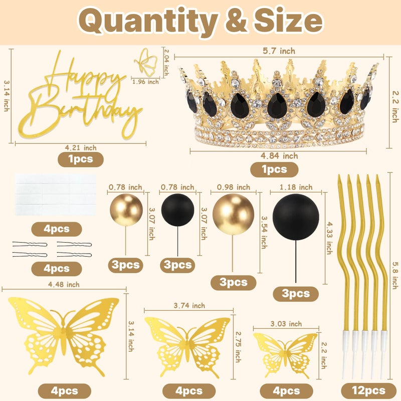 ZOYVUX Birthday Crown Cake Topper, Cake Decorations with Happy Birthday Cake Topper, Balls, Gold Butterflies, Corona Para Pastel for Women, Princess, Wedding Party Decor (Gold & Black) - Image 4