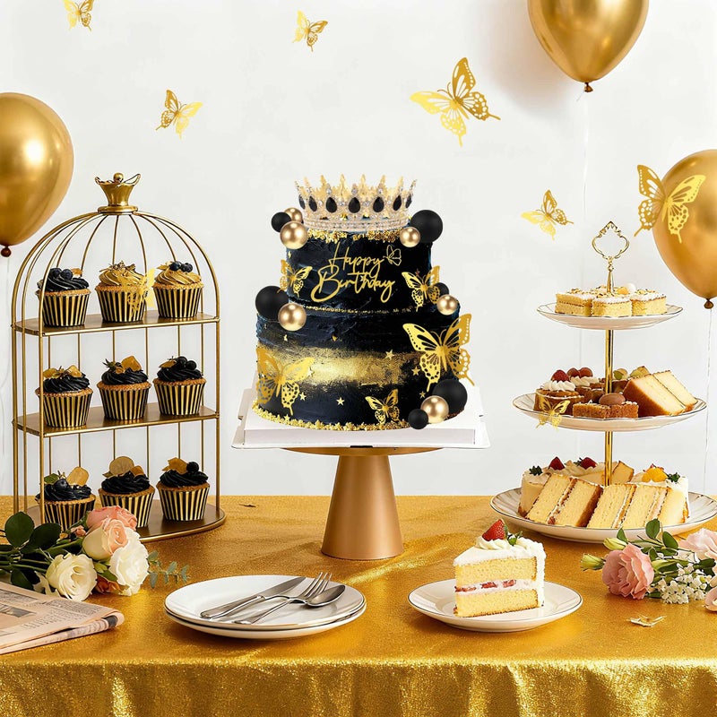 ZOYVUX Birthday Crown Cake Topper, Cake Decorations with Happy Birthday Cake Topper, Balls, Gold Butterflies, Corona Para Pastel for Women, Princess, Wedding Party Decor (Gold & Black) - Image 2