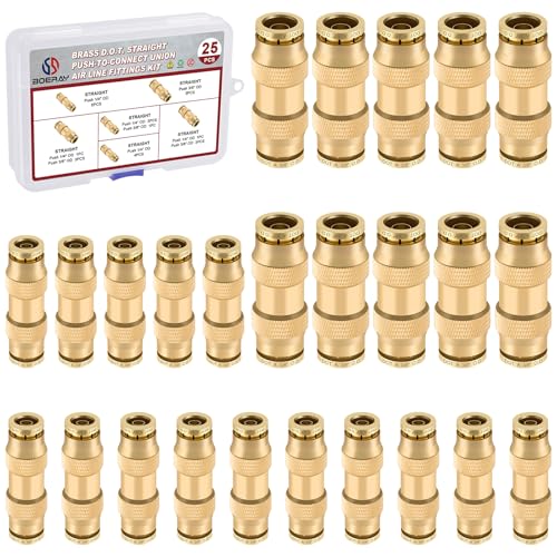 Boeray 25pcs Quick Connect Brass DOT Air Line Fittings Straight Union 14 38 Tube Push to Connect Fittings Air Suspension Fittings Straight Air Brake Union Push Lock Pneumatic Air Hose Fittings - Image 1